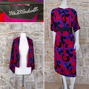 Beautiful Vintage 1980s Mr. Blackwell Pop Art Floral Dress and Shawl